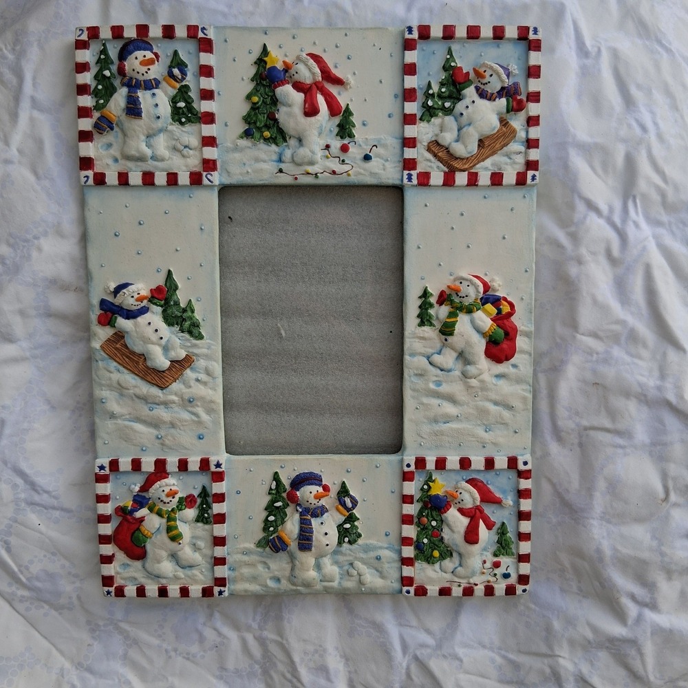 Vtg 90s Y2K Images Christmas Snowman 3D Resin Picture Frame w/box Colorful EVC